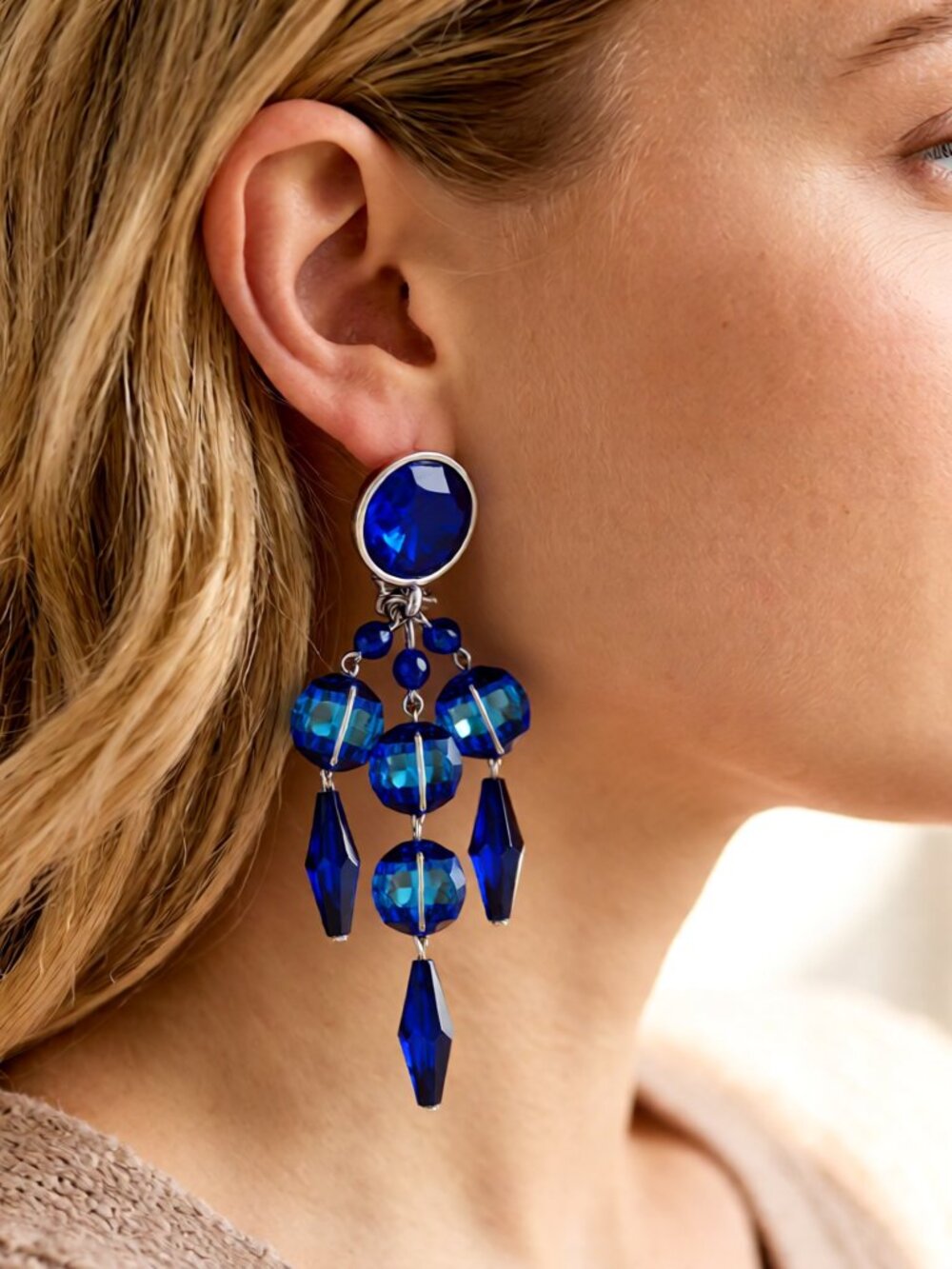 Eric Beamon vintage Clip chandelier earrings with royal blue Swarovski crystals